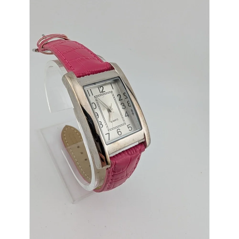 Women's Tank Watch‎ 26mm Silver Case Pink Faux Leather Band- New Battery